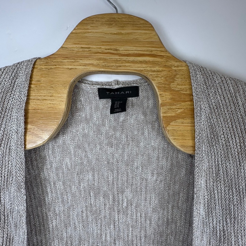 Tahari Women's Tan Long Line Open Front Linen Blend Cardigan Sweater Sz XL